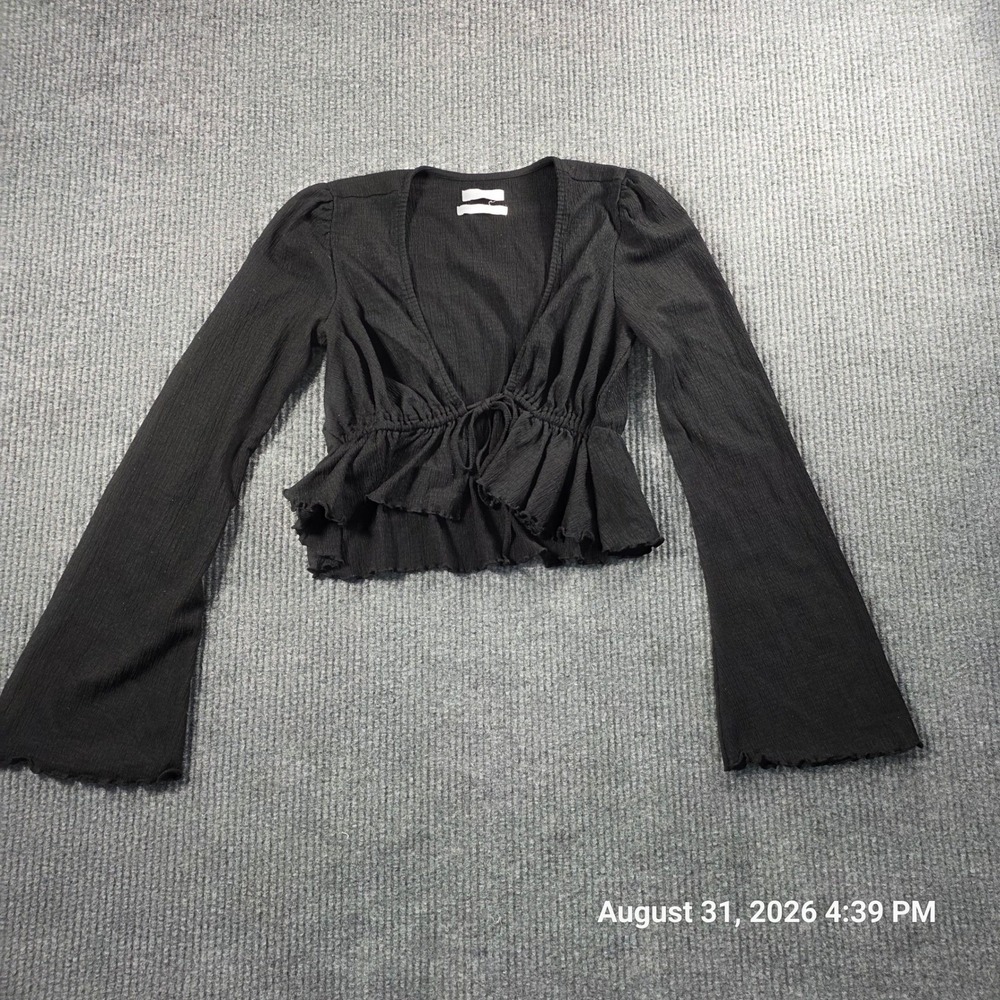 Urban Outfitters Black Crinkle Tie Front Peplum Crop Top Bell Sleeve Medium
